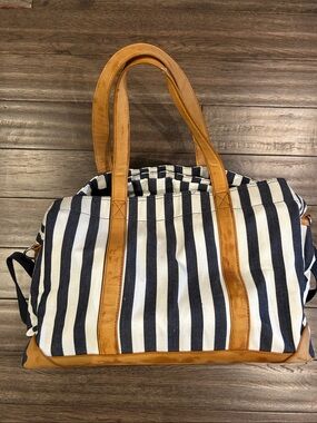 Pottery Barn Navy and White Striped Canvas diaper Tote with Tan Leather Trim